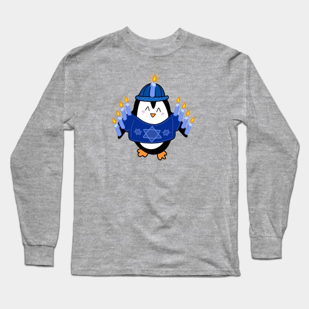 Cute Hanukkah Penguin Dressed as a Menorah on a Periwinkle Backdrop, made by EndlessEmporium Long Sleeve T-Shirt by EndlessEmporium